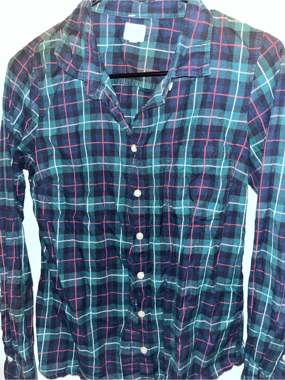 J. Crew Navy, Teal, and Red Plaid Button-Down Shirt